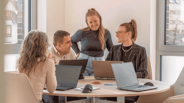 Vier Mitarbeitende der Little Bird Group tauschen sich an einem Besprechungstisch mit mehreren Laptops aus.